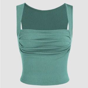Cider sea green solid ruched square neck crop tank